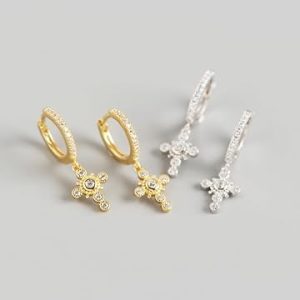 SAINT RAPHAËL Cross Huggie Hoops for Women 18k Gold Plated 925 Sterling Silver